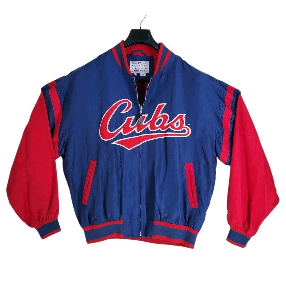 Vtg Mirage Chicago Cubs Bomber Jacket Mens L Blue Red Embroidered Lettering Logo